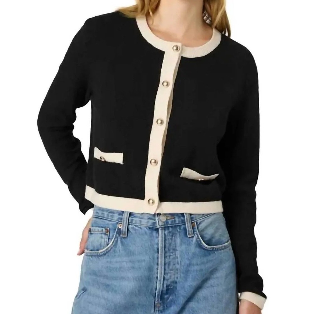 French Connection Vhari Contrast Trim Black Cream Cardigan Sweater Womens M